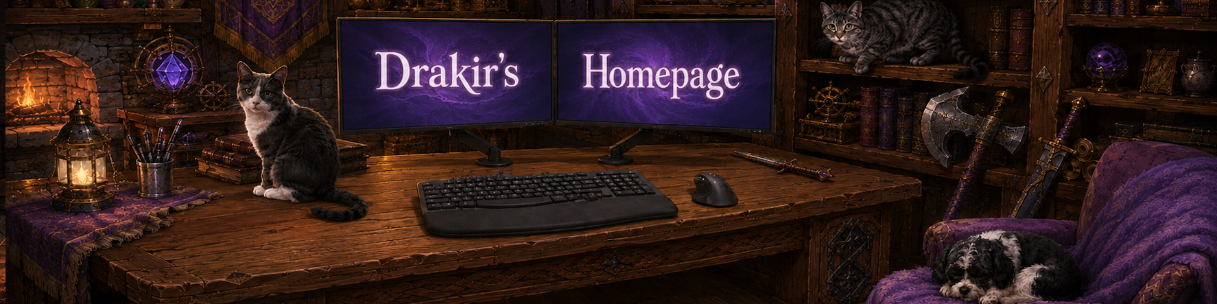 Drakir's fantasy office, with Drakir's Homepage displayed across two monitors