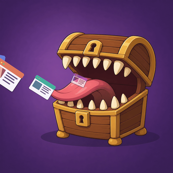 An animated mimic chest eating webpages